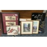 QTY ORIENTAL WATERCOLOURS , AN EMBROIDERY & MOTHER OF PEARL LACQUERED PICTURE