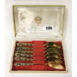 RUSSIAN GILT SILVER & ENAMEL SPOONS IN CASE