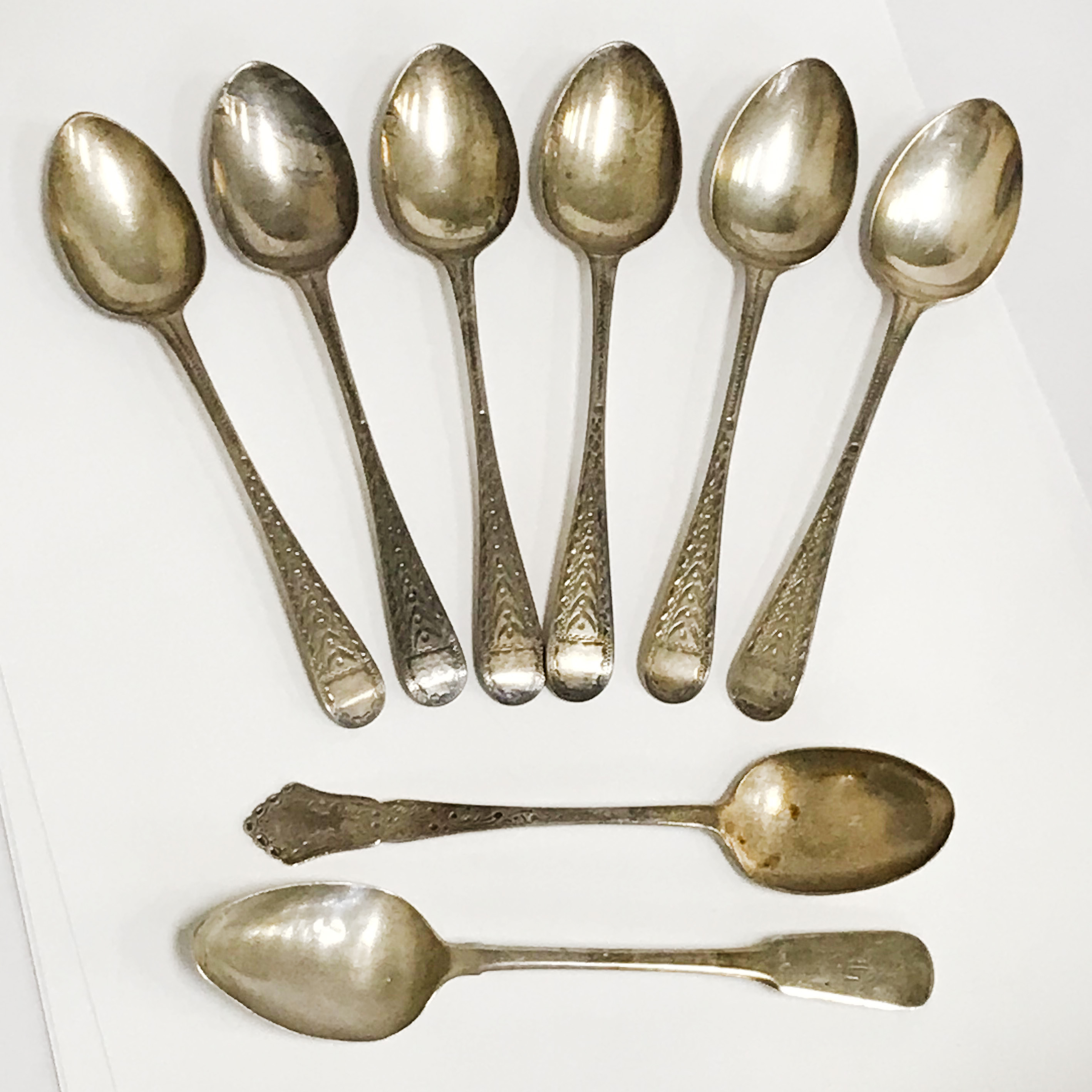 SIX GEORGIAN BRIGHT HM SILVER SPOONS & TWO OTHERS