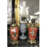 PAIR ORIENTAL OIL LAMPS & VICTORIAN OIL LAMP