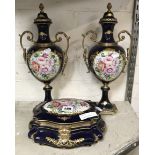 PORCELAIN CASKET & PAIR OF URNS - A/F