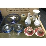 HAND PAINTED HEREND VASE, 2 ROYAL COPENHAGEN VASES, CANDLE HOLDERS & 3 SIGNED PIECES OF GLASS