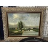 GILT FRAMED OIL ON CANVAS - CATTLE BY RIVER- SIGNED