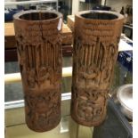 PAIR OF CARVED BAMBOO VASES