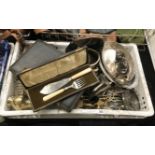 1 TRAY OF SILVER PLATE & BRASS