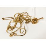 TWO 9CT GOLD CHAIN & VICTORIAN BROOCH WITH DIAMOND & PEARLS