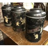 SET 3 BLACK TOLEWARE JARS