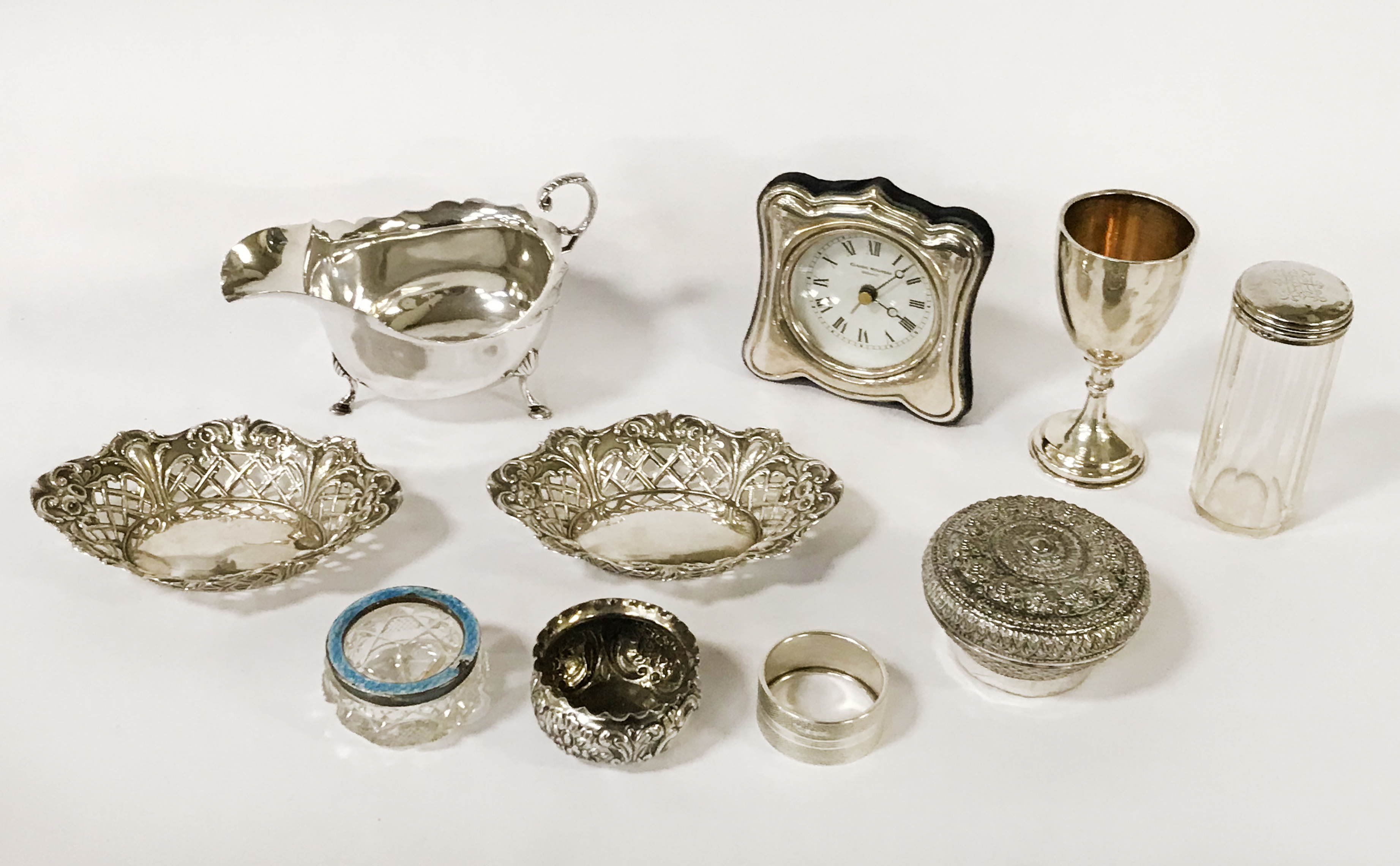 QTY SILVER INCL. CLOCK, DISHES, SAUCE BOAT ETC