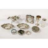 QTY SILVER INCL. CLOCK, DISHES, SAUCE BOAT ETC