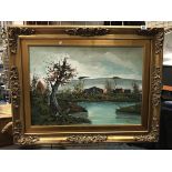 GILT FRAMED COASTAL VILLAGE PICTURE