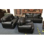 TWO BLACK LEATHER SOFAS & ARMCHAIR