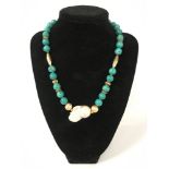 TURQUOISE & SILVER GILT NECKLACE WITH AN UNUSAL SOUTHSEA PEARL