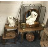 MIXED LOT - 2 STOOLS, FIRE GUARDS, LAMPS & STAFFORDSHIRE DOGS ETC