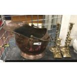 COPPER COAL BUCKET & TWO PAIRS OF BRASS CANDLESTICKS
