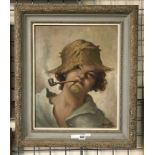 1940'S OIL ON CANVAS SIGNED YOUNG BOY SMOKING A PIPE - GOOD CONDITION 38CM X 46CM