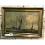 EARLY OIL ON CANVAS - FRENCH SCHOOL - SAILING SHIPS 28CM X 19CM