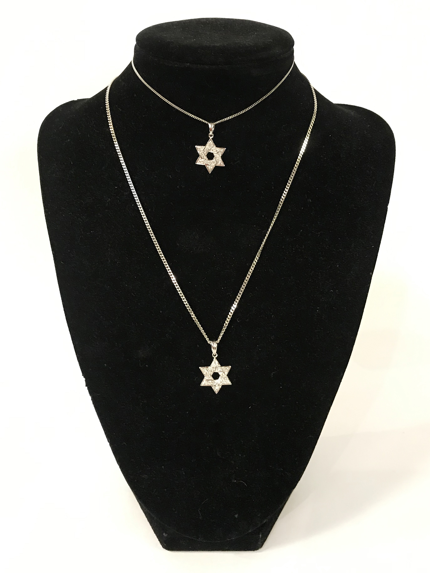 TWO 18CT GOLD DIAMOND STAR OF DAVID PENDANTS WITH ONE 18CT GOLD CHAIN & ONE 9CT GOLD CHAIN