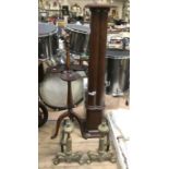 MAHOGANY TORCHERE / SMOKERS STAND & PAIR FIRE DOGS