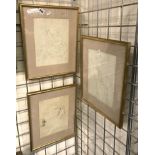 3 SIGNED MARCEL VERTES DRAWINGS 20CM X 25CM INNER MEASUREMENTS