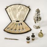 HM SILVER SIFTER, CORKS, FUNNEL,PENCIL & CASED SPOONS