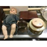 EARLY ITALIAN DOLL,VANITY CASE, EARLY BRASS & COPPER DESK CLOCK ETC