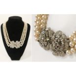 WHITE GOLD MULTI DIAMOND FRONT FASTENING PEARL DRESS NECKLACE - A STUNNING PIECE OF JEWELLERY