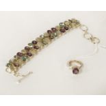 STERLING SILVER GEMSTONE BRACELET, MOONSTONE, AMETHYST, TOPAZ & AMETHYST RING