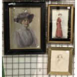 3 SIGNED / MONOGRAMED WATERCOLOURS - PORTRAITS OF EDWARDIAN LADIES, VARIOUS SIZES - LARGEST IS