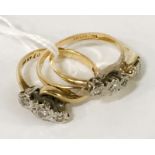 3 18CT GOLD RINGS - 3 STONE DIAMONDS EACH