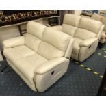 PAIR OF DFS CREAM LEATHER RECLINING TWO SEATER SOFAS - ONE IS ELECTRIC