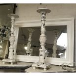 WHITE MIRROR & 2 WOODEN CANDLESTICKS