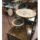 TWO MOSAIC METAL CHAIRS & A MOSAIC TABLE