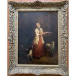 HENRY EARP SNR 1831- 1914 OIL ON CANVAS - GIRL FEEDING LAMB WITH DOG - SIGNED LOWER LEFT - HAS