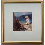 JOHN RICHARD TOWNSEND 1930-2013 OIL ON BOARD - TWO GIRLS AT BEACH'' SIGNED WITH INITIALS LOWER RIGHT