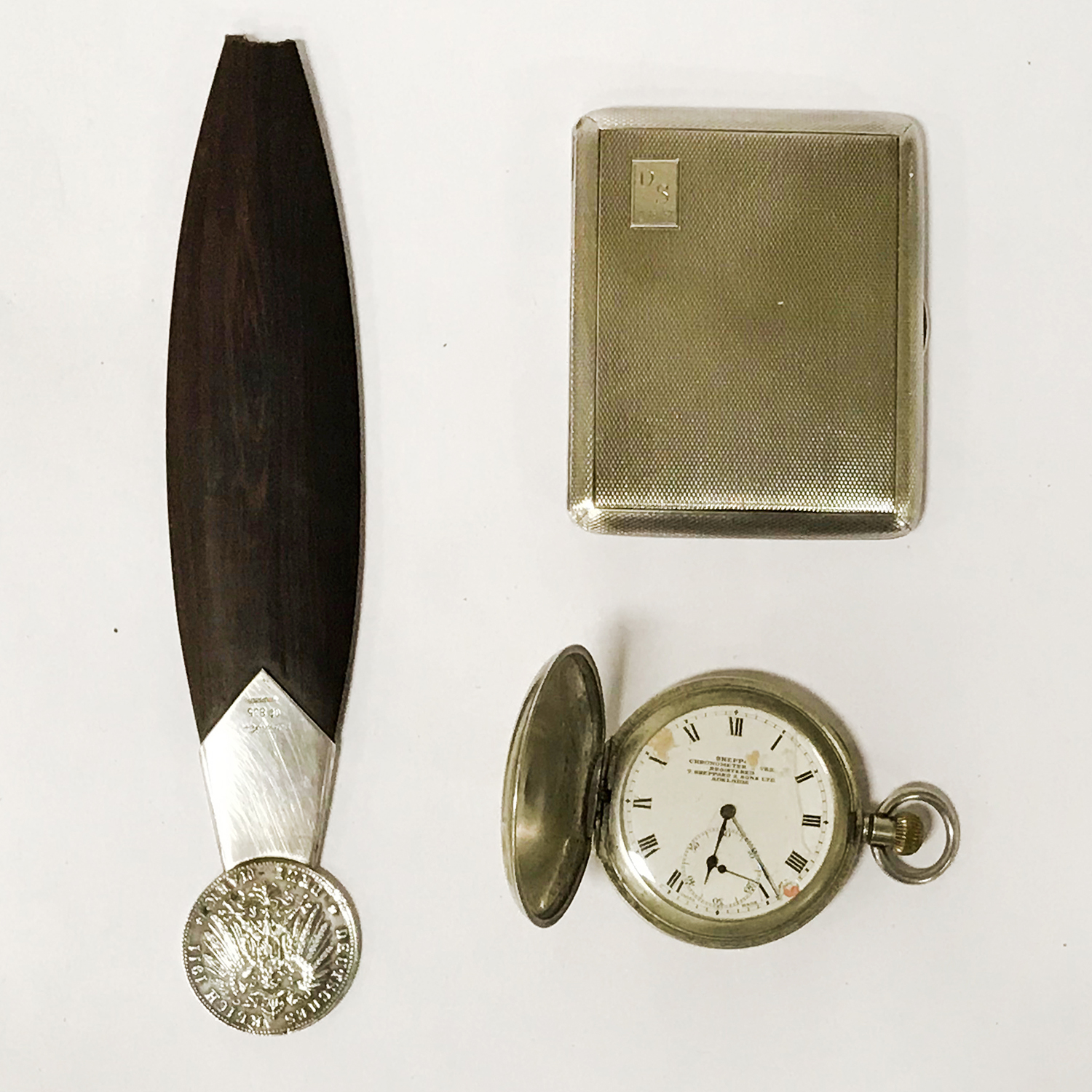 HM SILVER CIGARETTE CASE, SILVER BOOKMARK & A WATCH