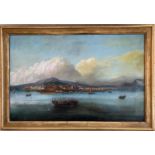 19THC ITALIAN SCHOOL OIL ON CANVAS ''LARGE COASTAL VIEW OF ITALY OR MALTA'' 50CM X 77CM - SOME