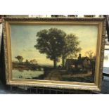 GILT FRAMED PICTURE - COTTAGE BY RIVER