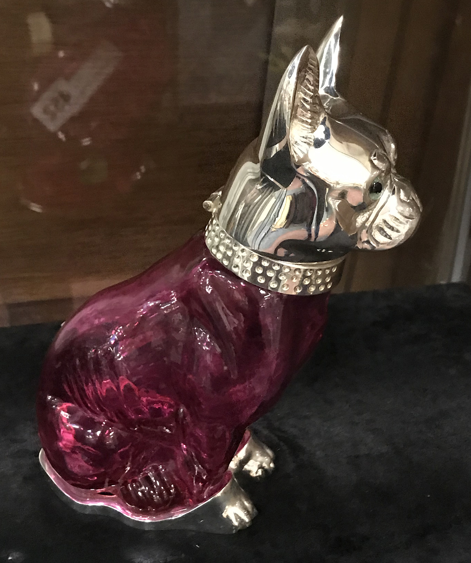 SILVER PLATED & CRANBERRY DOG CLARET JUG