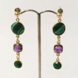 STERLING SILVER MALACHITE & AMETHYST DROP STUD EARRINGS