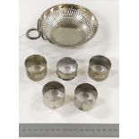 HM SILVER FRETWORK BOWL WITH 5 HM SILVER NAPKIN RINGS