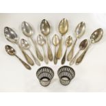 COLLECTION OF SILVER SPOONS & 2 BASKETS