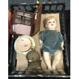 EARLY ITALIAN DOLL,VANITY CASE, EARLY BRASS & COPPER DESK CLOCK ETC