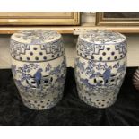 PAIR BLUE & WHITE BARREL STOOLS -44CM