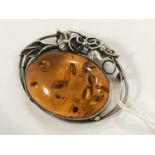 SILVER & AMBER ART NOUVEAU BROOCH/ PENDANT - NEEDS NEW PIN