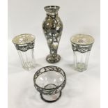 4 PIECES OF SILVER OVERLAY GLASS (1 PIECE A/F)