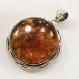 STERLING SILVER LARGE ROUND BALTIC AMBER PENDANT