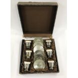 SET OF SIX SILVER & PORCELAIN CUPS & SAUCERS, BOXED