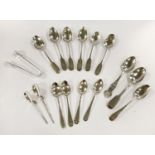 16 ITEMS OF HM SILVER SPOONS/ TONGS