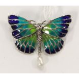 STERLING SILVER BUTTERFLY BROOCH WITH PEARL DROP