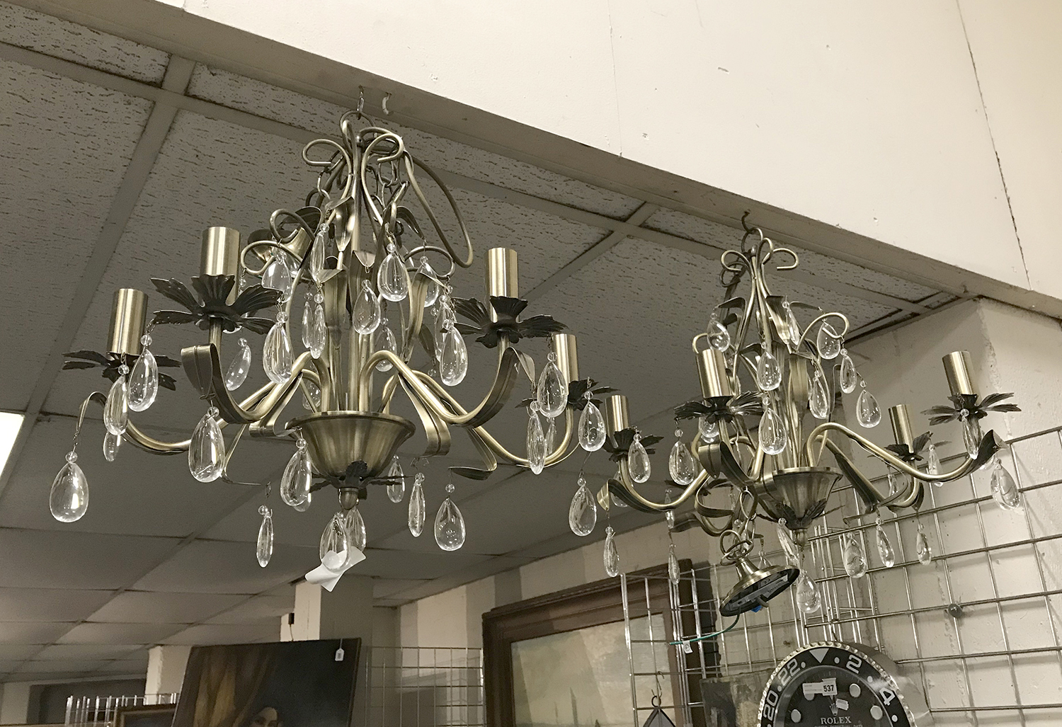 TWO SATIN & GLASS DROP CHANDELIERS